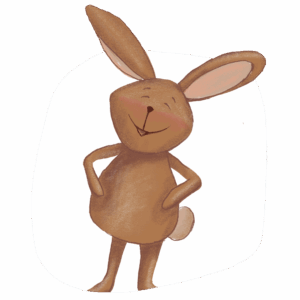 Illustration von Hasi, der lächelnd vor Freude und Stolz dasteht