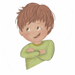 Illustration von Jo, dem älteren Bruder, mit einem selbstbewussten Lächeln