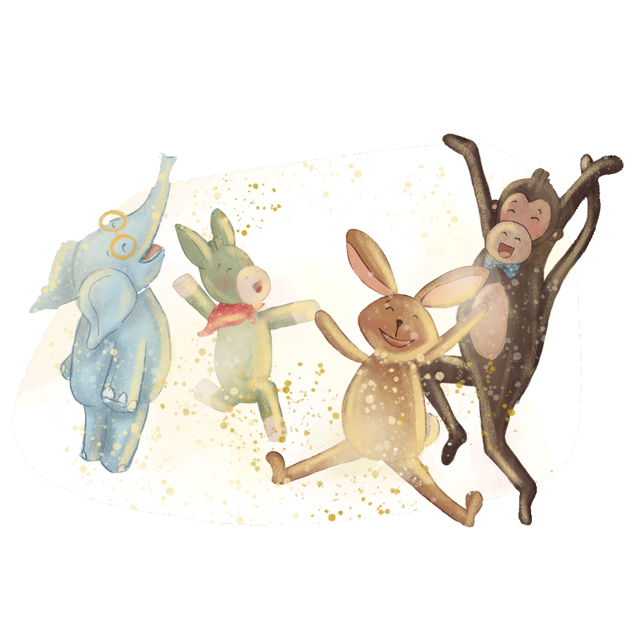 Illustration von lebendig gewordenen Kuscheltieren, die von magischem Zauberstaub umgeben fröhlich zum Leben erwachen und Jo und Nic begrüßen