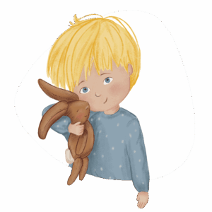 Illustration von Nic, dem jüngeren Bruder, der einen Stoffhasen hält und sich geborgen fühlt