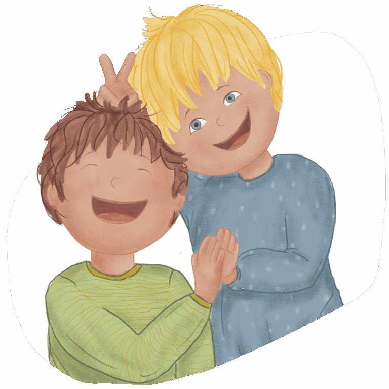 Illustration von Jo und Nic, die gemeinsam lachen, ausgelassen spielen und fröhlich zusammen Spaß haben